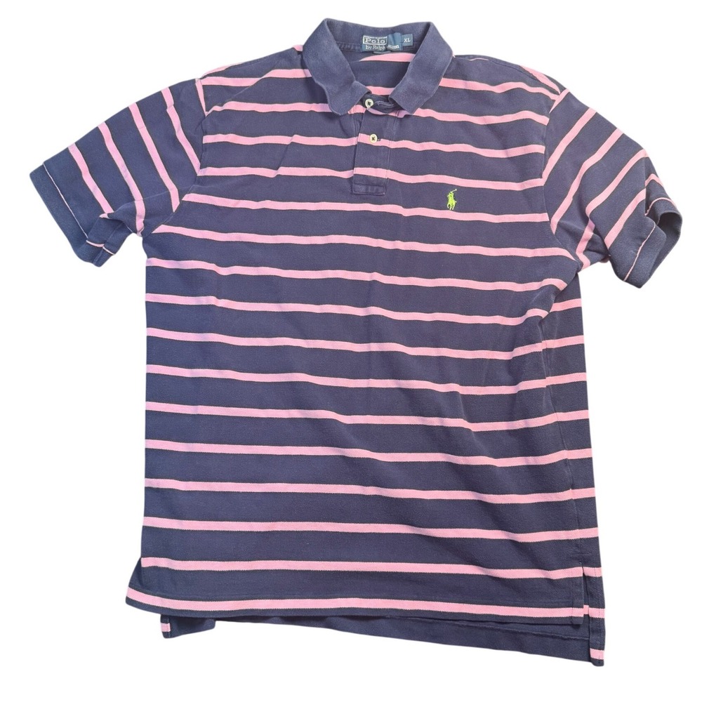Polo Ralph Lauren Mens XL Navy Pink Striped Short Sleeve Pique Polo Shirt Pony